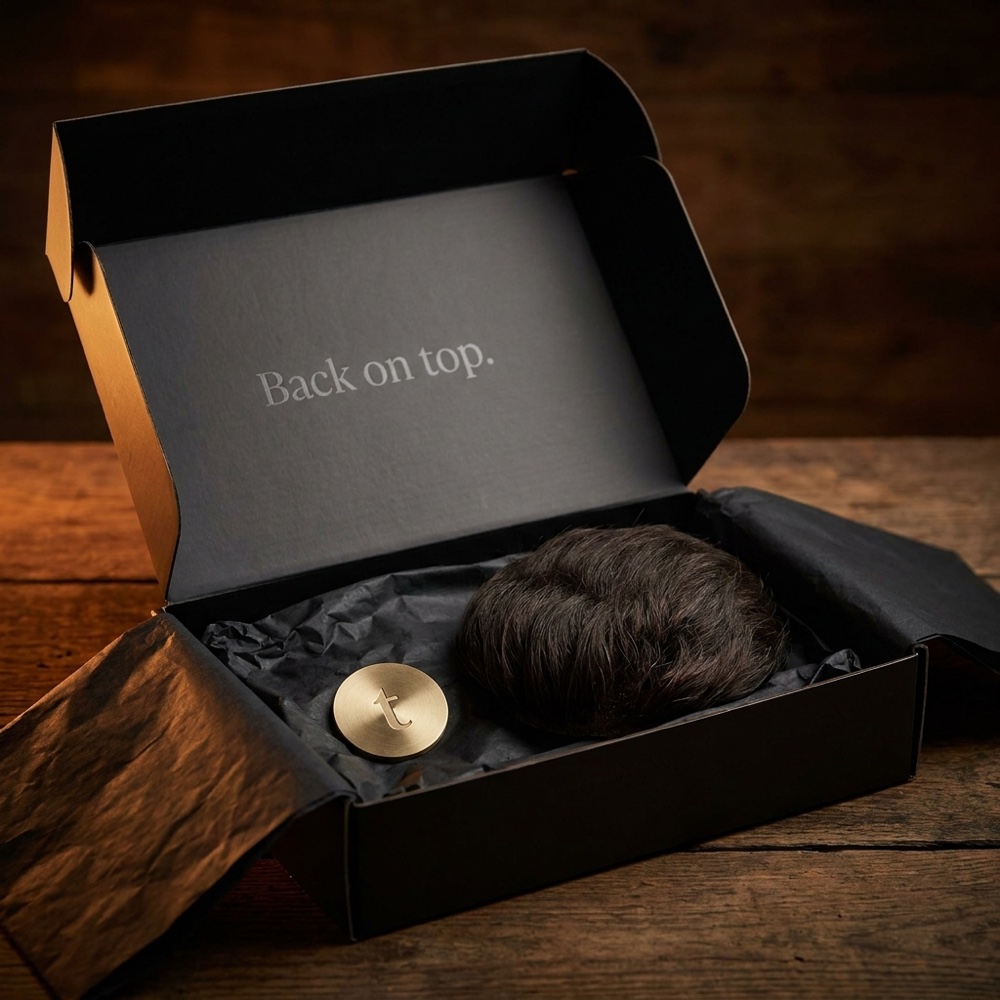A Tuffs hair system presented in its signature ‘Back on top.’ box